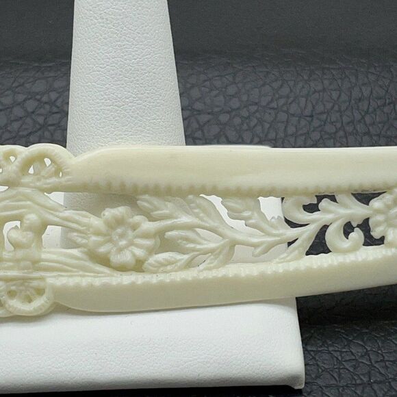 Vintage Celluloid Carved Plastic Letter Opener Asian Village Scene Floral Cream - Picture 8 of 11